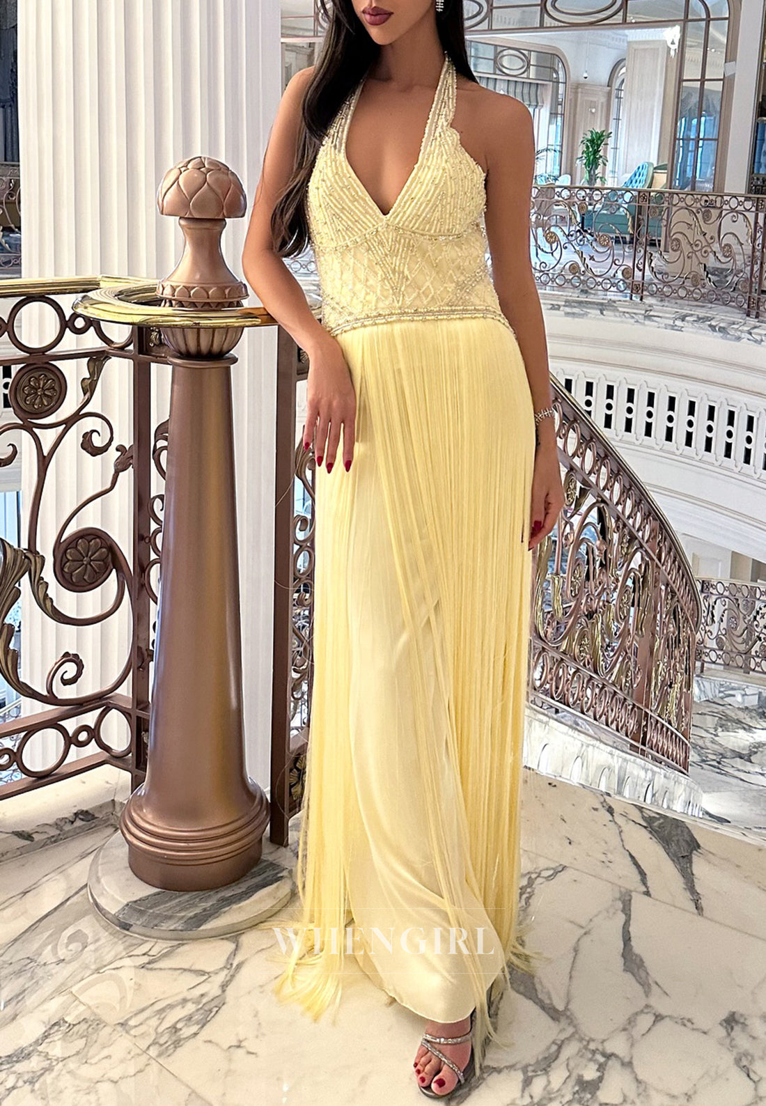 Yellow Halter Sleeveless Beaded Column Back Zipper Evening Dress