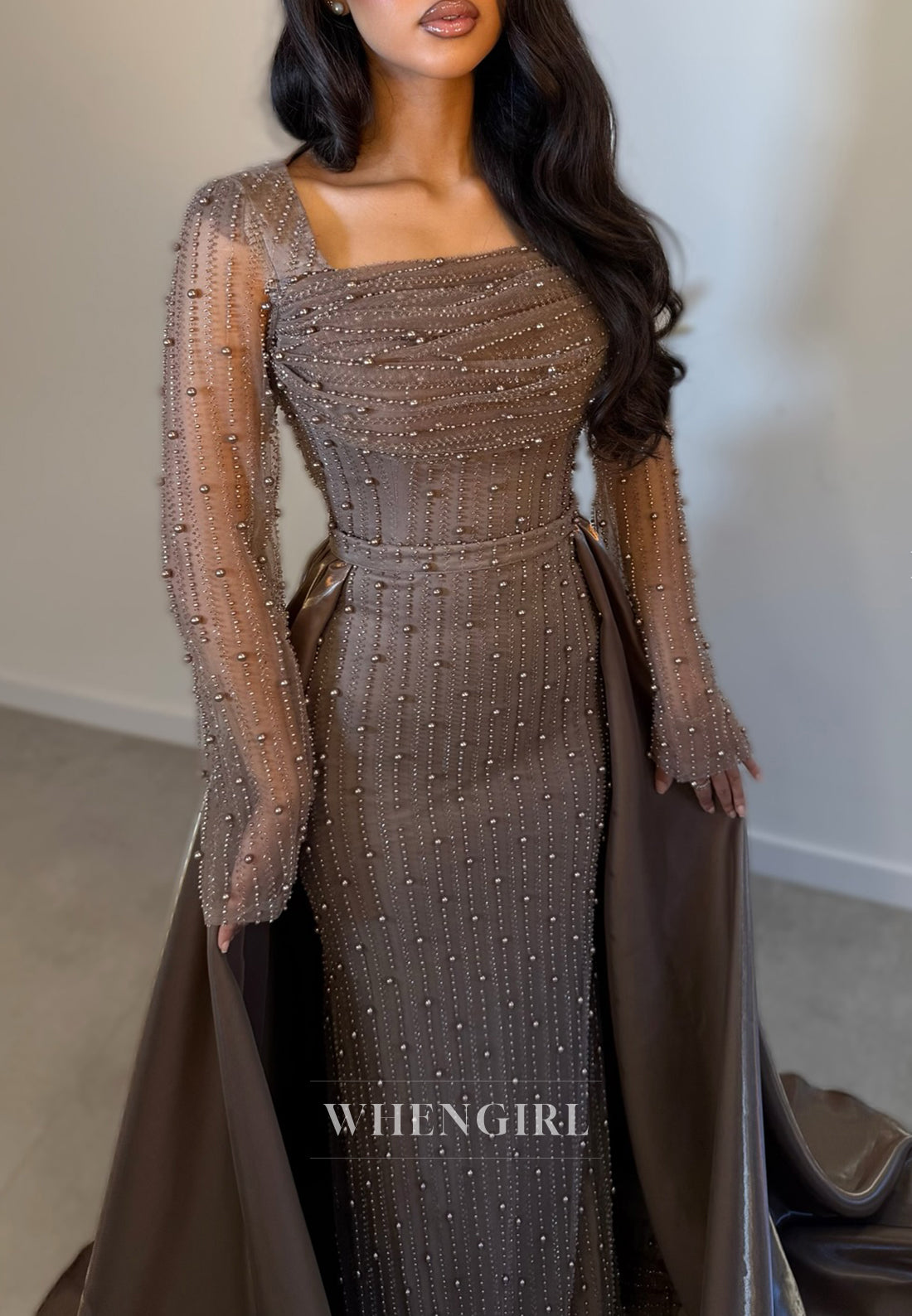 Biscotti Sheath Square Neck Long Sleeves Beaded Sweep Train Evening Dress