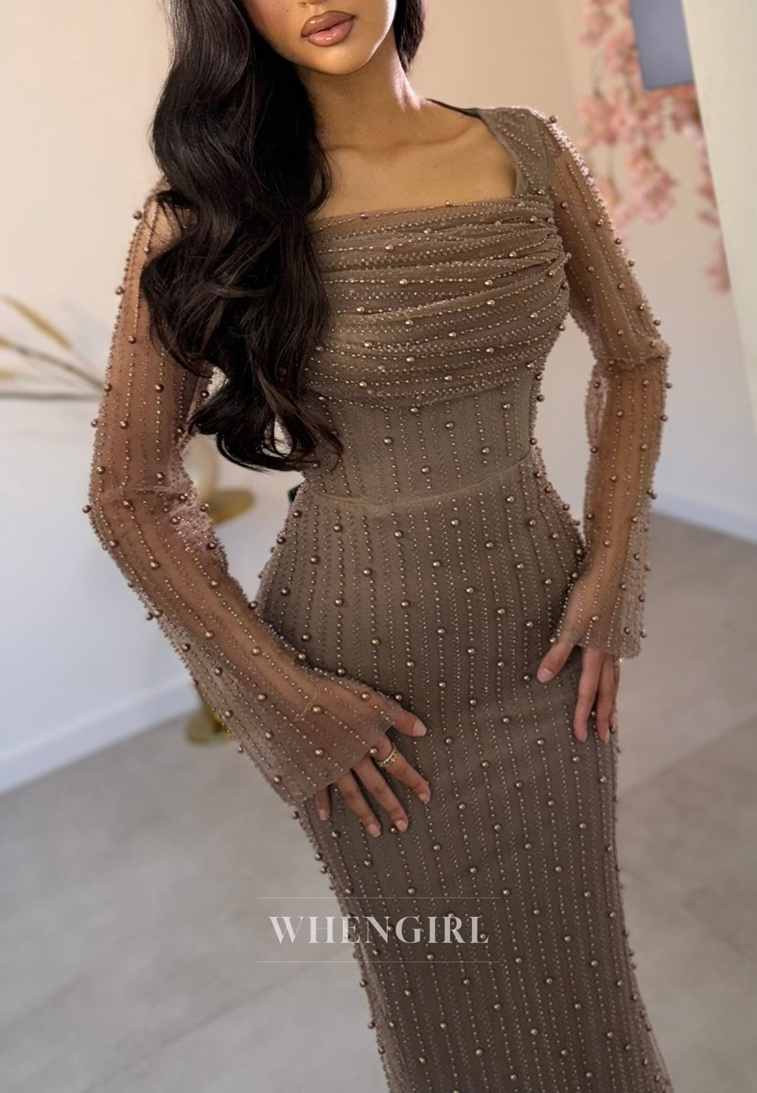 Biscotti Sheath Square Neck Long Sleeves Beaded Sweep Train Evening Dress