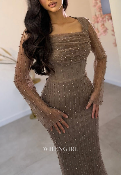 Biscotti Sheath Square Neck Long Sleeves Beaded Sweep Train Evening Dress