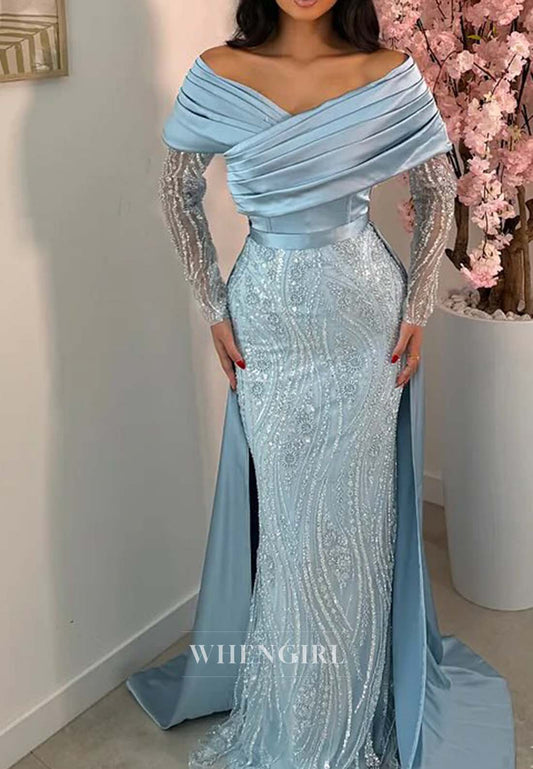 V Neck Pleated Beaded Formal Dress Long Sleeves Sheath Evening Gown with Removabal Sweep Train