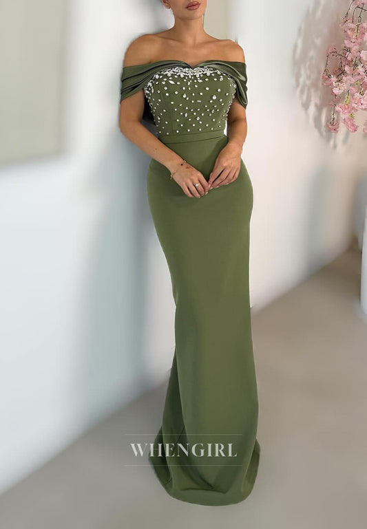 Celadon Off Shoulder Beaded Sleeveless Sheath Formal Dress Evening Gown