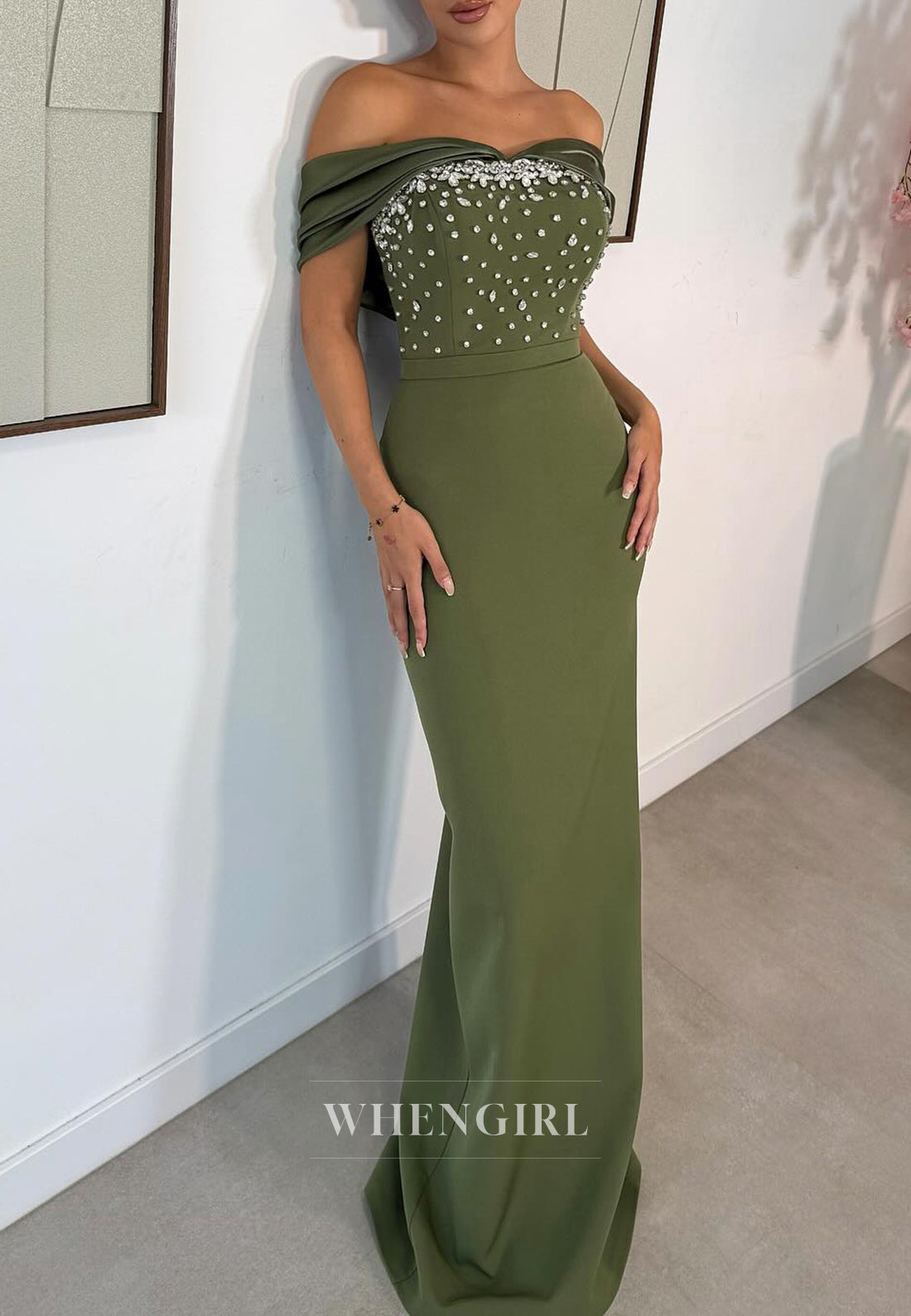 Celadon Off Shoulder Beaded Sleeveless Sheath Formal Dress Evening Gown
