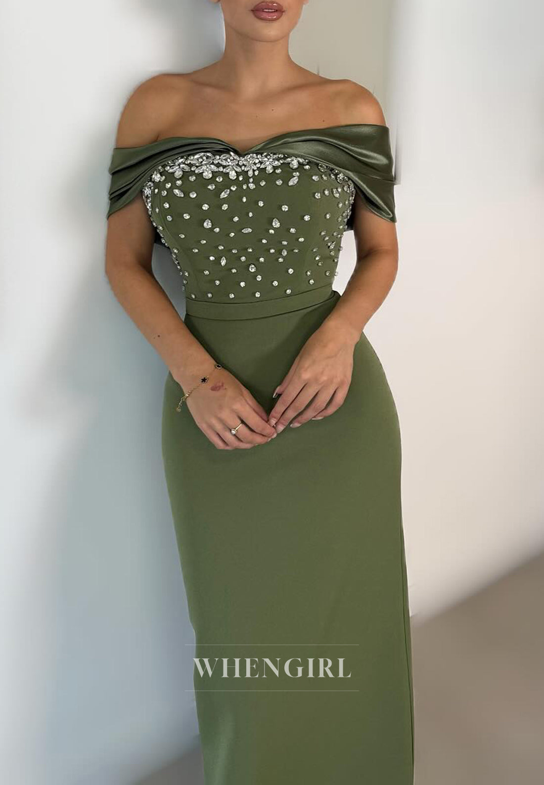 Celadon Off Shoulder Beaded Sleeveless Sheath Formal Dress Evening Gown