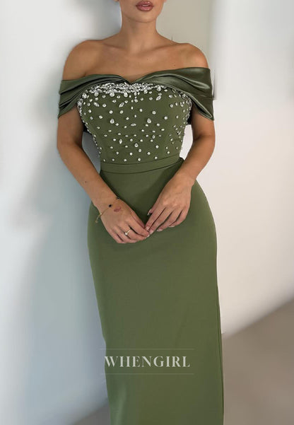 Celadon Off Shoulder Beaded Sleeveless Sheath Formal Dress Evening Gown