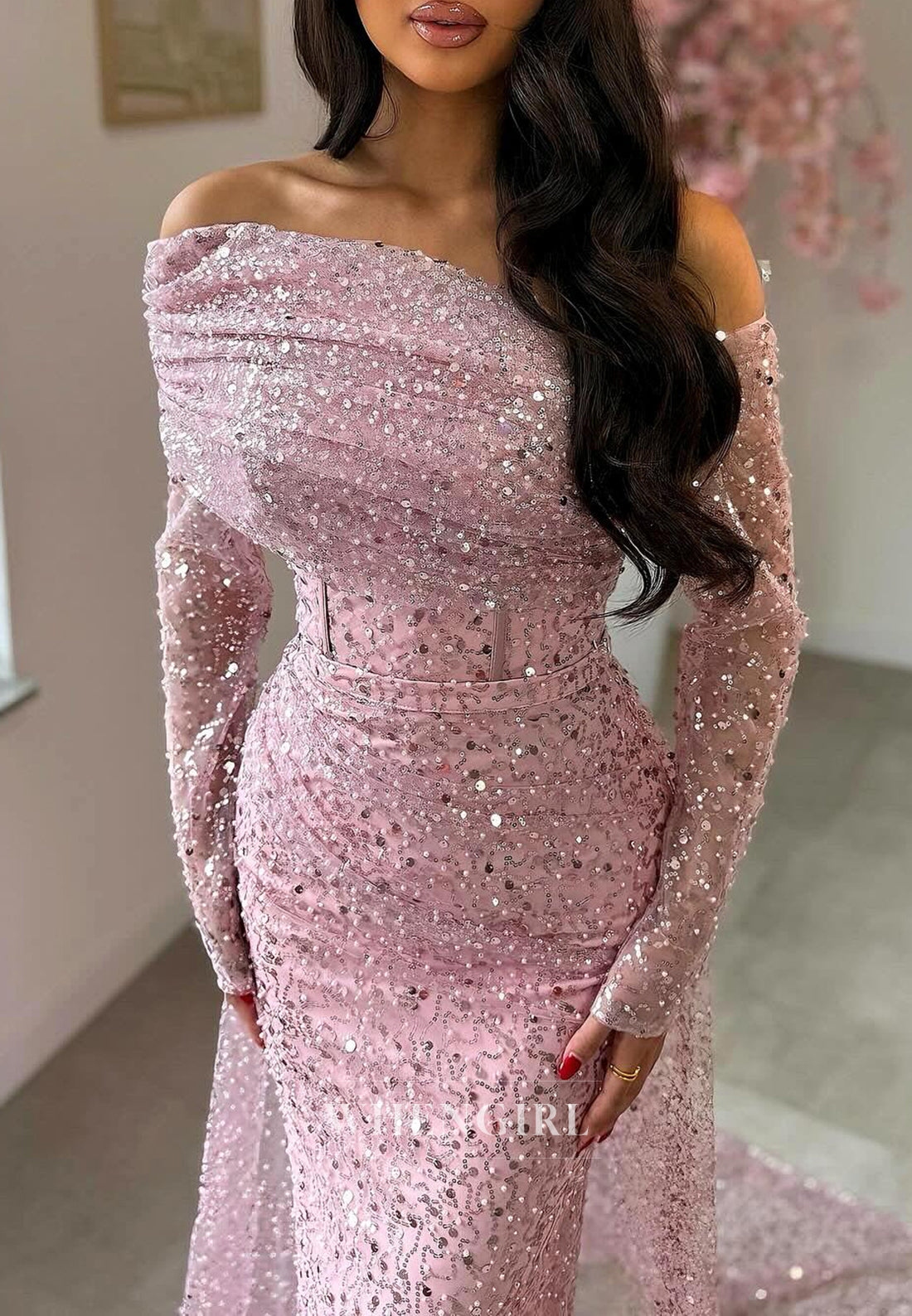 Pale Blush Off Shoudler Long Sleeves Beaded Sheath Evening Gown with Sweep Train