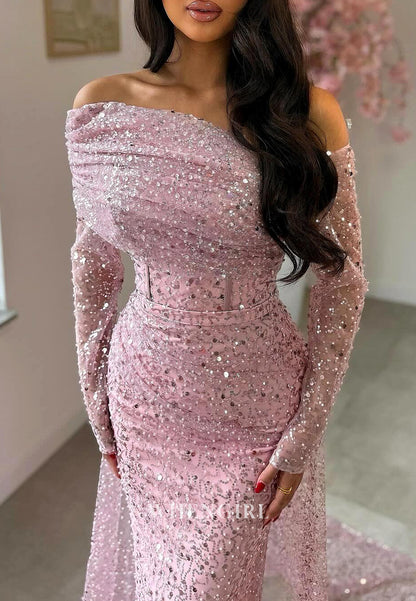 Pale Blush Off Shoudler Long Sleeves Beaded Sheath Evening Gown with Sweep Train