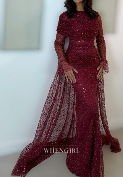 Burgundy Bateau Neck Long Sleeves Beaded Train Sheath Evening Formal Gown