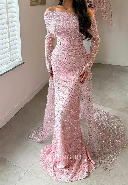 Pale Blush Off Shoudler Long Sleeves Beaded Sheath Evening Gown with Sweep Train