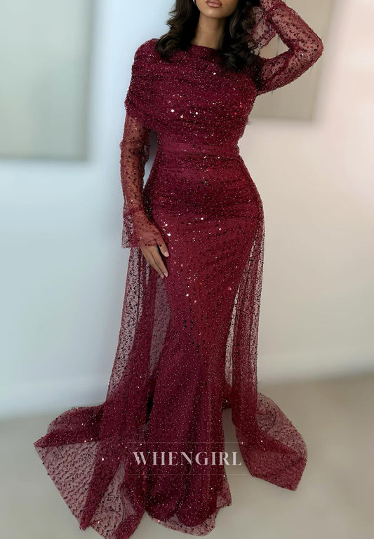 Burgundy Bateau Neck Long Sleeves Beaded Train Sheath Evening Formal Gown