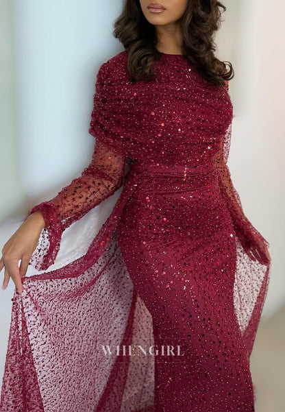 Burgundy Bateau Neck Long Sleeves Beaded Train Sheath Evening Formal Gown