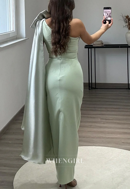 One Shoulder Sleeveless Back Zipper Pleated Ankle Length Sheath Formal Evening Gown