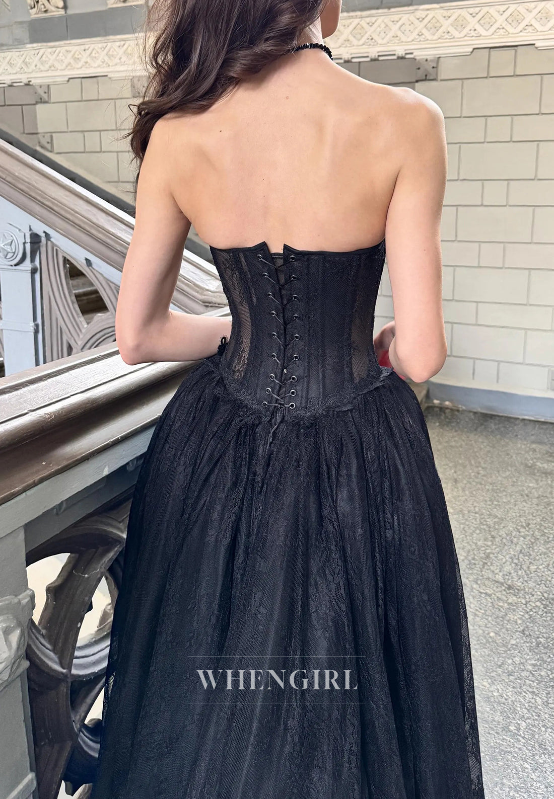Black A-Line Tube Top Sleeveless Chapel Train Lace Up Lace Wedding Dress