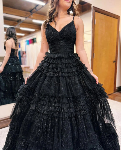 Long Black Tulle Prom Dress Sparkly V Neck Sleeveless Gown