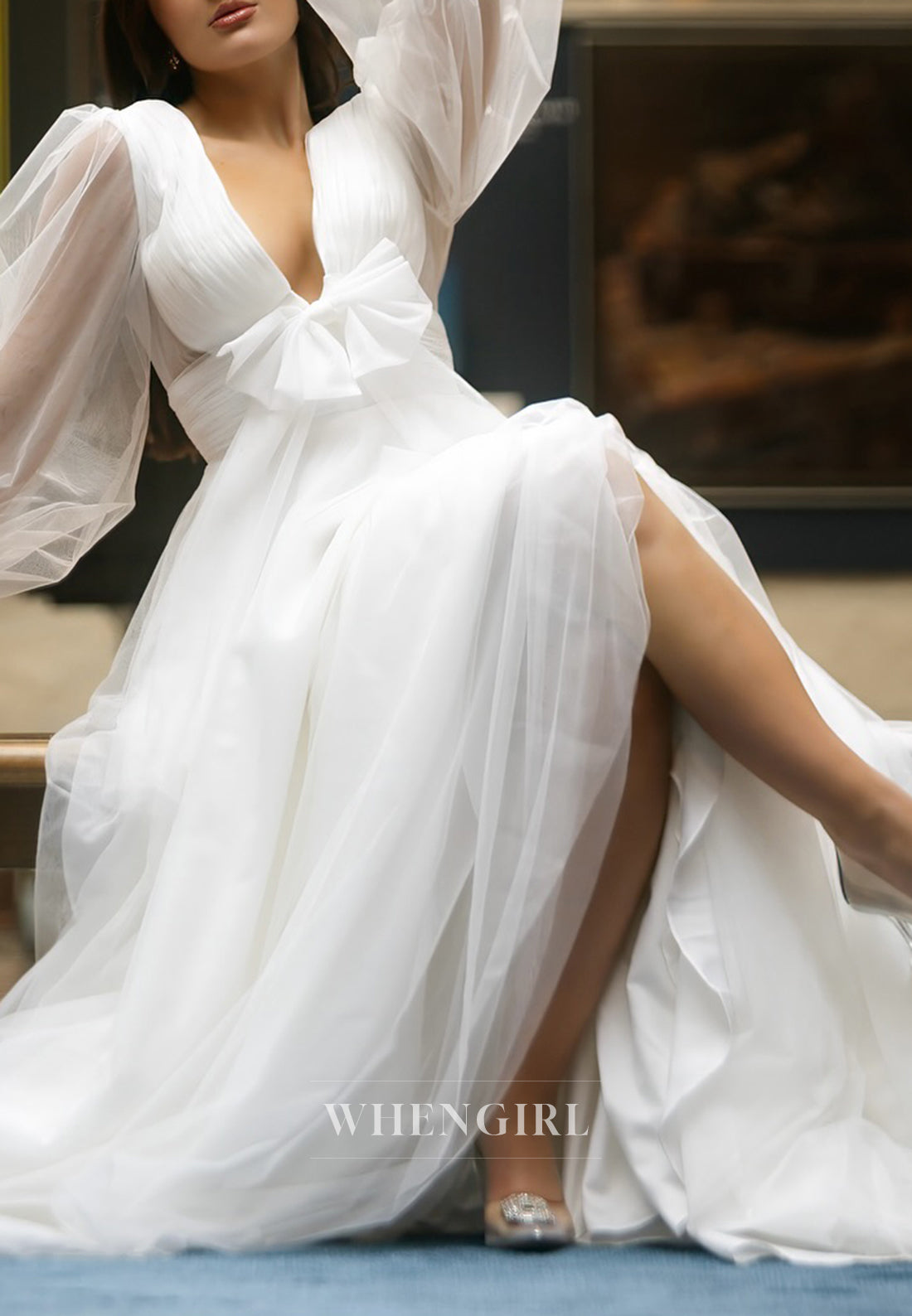 A-Line V Neck Bowknot Long Sleeves Sweep Train Wedding Dress