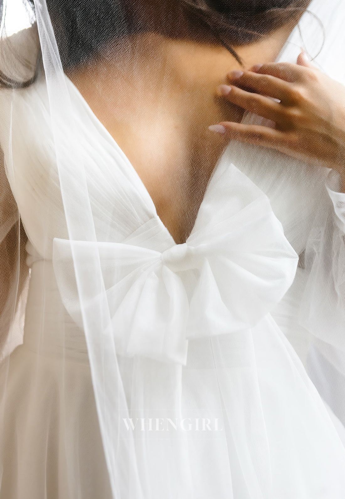 A-Line V Neck Bowknot Long Sleeves Sweep Train Wedding Dress