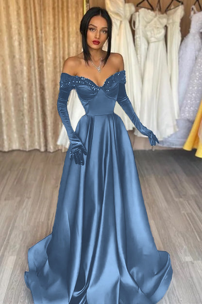 Glamorous Black Off the Shoulder Long Sleeves A Line Evening Dress with Appliques