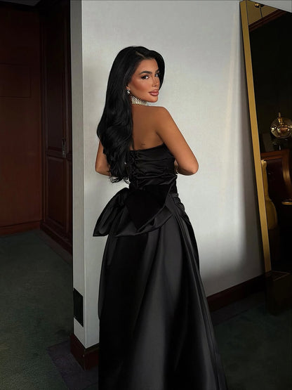 A-Line Pleated Graceful Semi-Sweetheart Black Sleeveless Bow-Knot Prom Dress