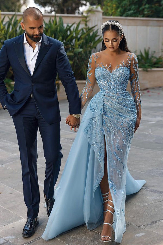 Stunning Sky Blue Long Sleeves Evening Dress Split Long With Ruffles Beads