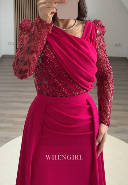 Asymmetrical Neck Long Beaded Sleeves Sheath Side Slit Sweep Train Formal Evening Dress