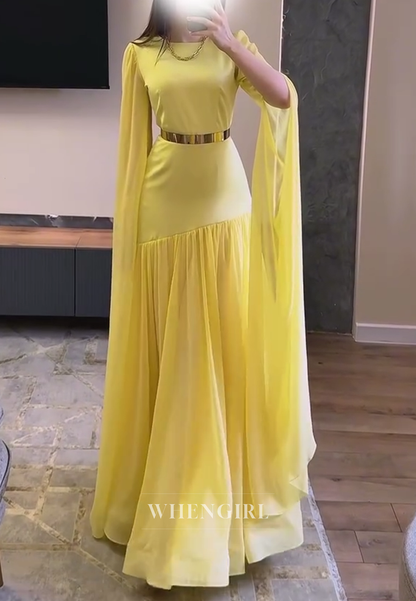 Sheath Bateau Neck Long Sleeves Pleated Chiffon Evening Formal Dress