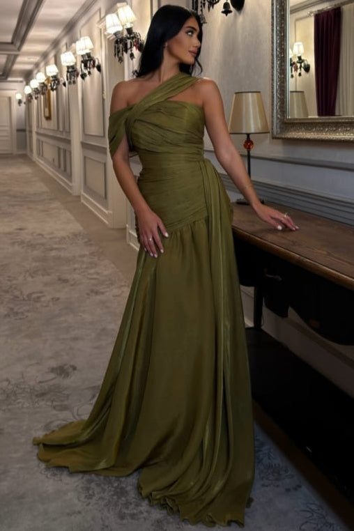 Airy Olive Green One Shoulder Mermaid Prom Dress Sleeveless with Pleated