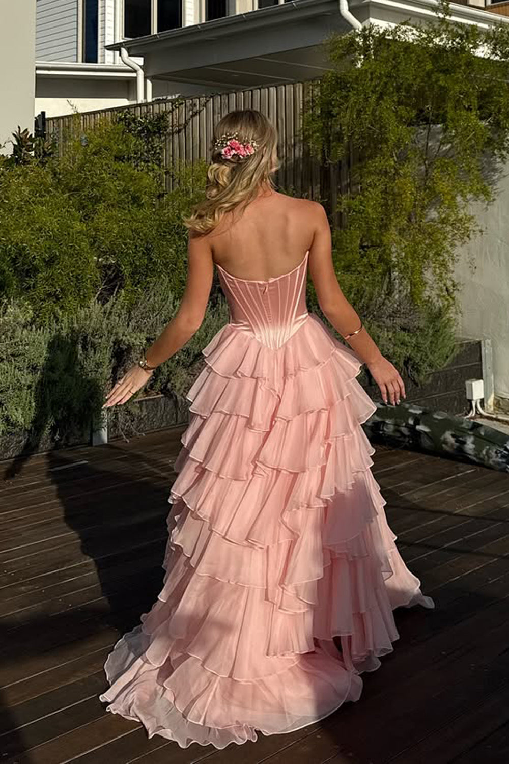 Cute A Line Sweetheart Blush Pink Tiered Chiffon Prom Dresses with Slit