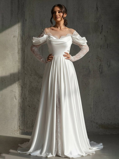 Mermaid Off-the-Shoulder Satin Lace Wedding Dress with Slit