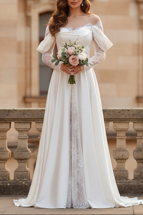 Mermaid Off-the-Shoulder Satin Lace Wedding Dress with Slit