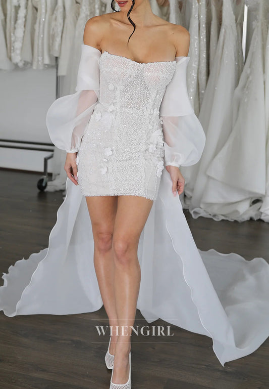 Strapless Pearls Beading Floral Back Zipper Sheath Short Wedding Dress with Removable Sleeves and Train