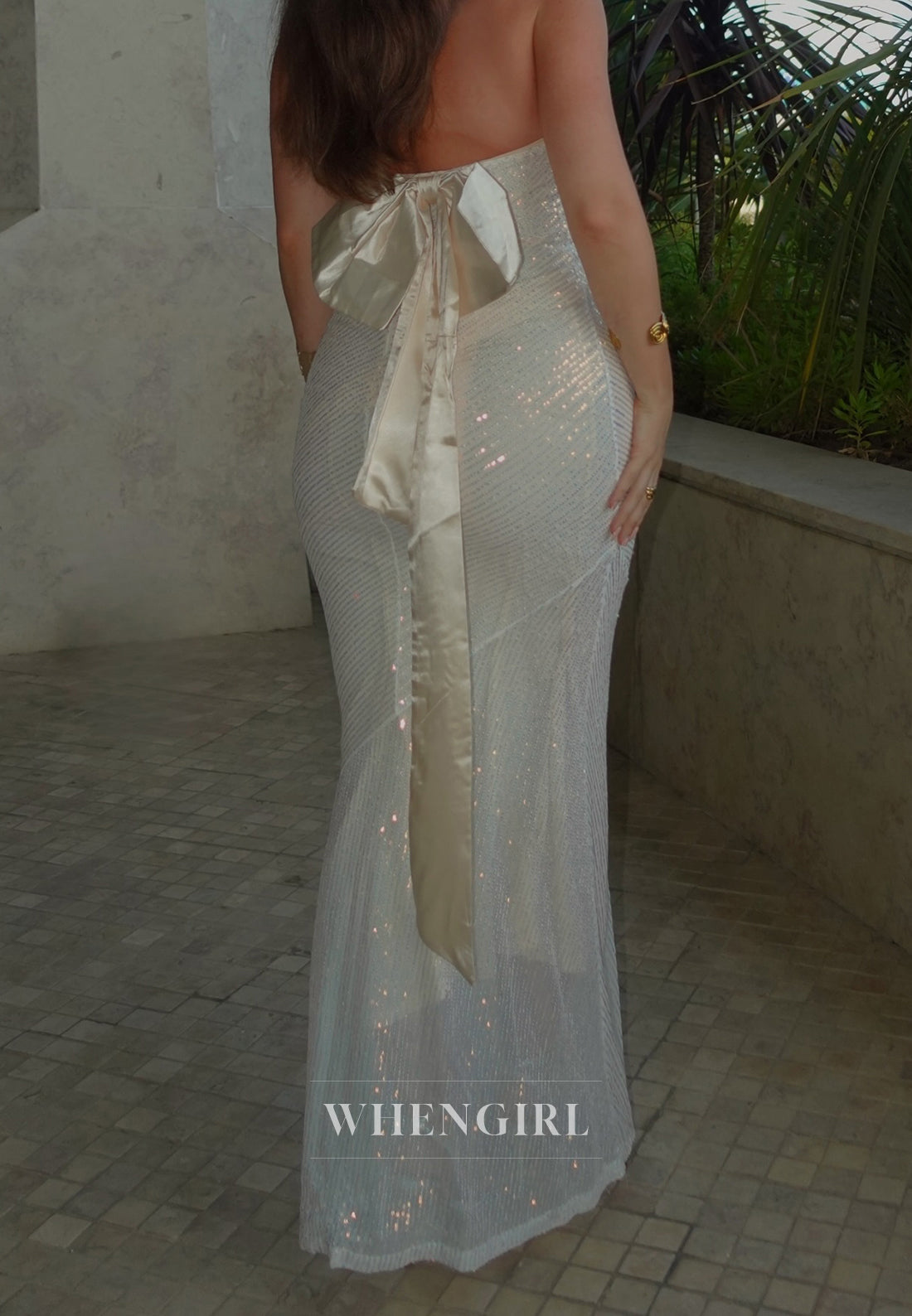 White Tube Top Sleeveless Bowknot Sequins Sheath Formal Evening Gown