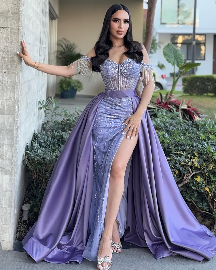 Sweetheart Sheath Sleeveless High Slit Stripe Sparkly Prom Dress with Detachable Overskirt Party Gowns