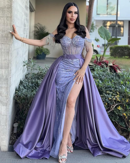 Sweetheart Sheath Sleeveless High Slit Stripe Sparkly Prom Dress with Detachable Overskirt Party Gowns