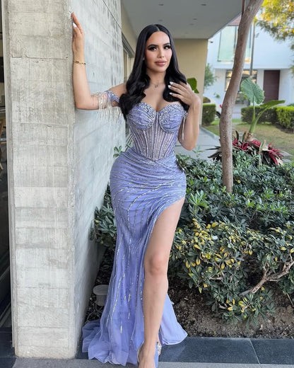 Sweetheart Sheath Sleeveless High Slit Stripe Sparkly Prom Dress with Detachable Overskirt Party Gowns