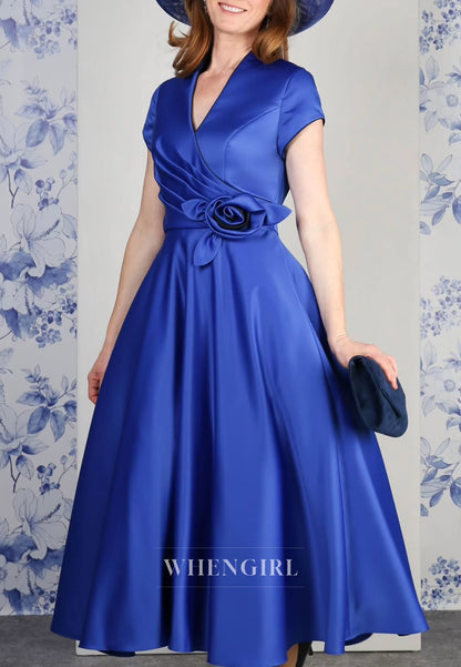 A-Line V Neck Short Sleeves 3D Flower Mother of the Bride Dress