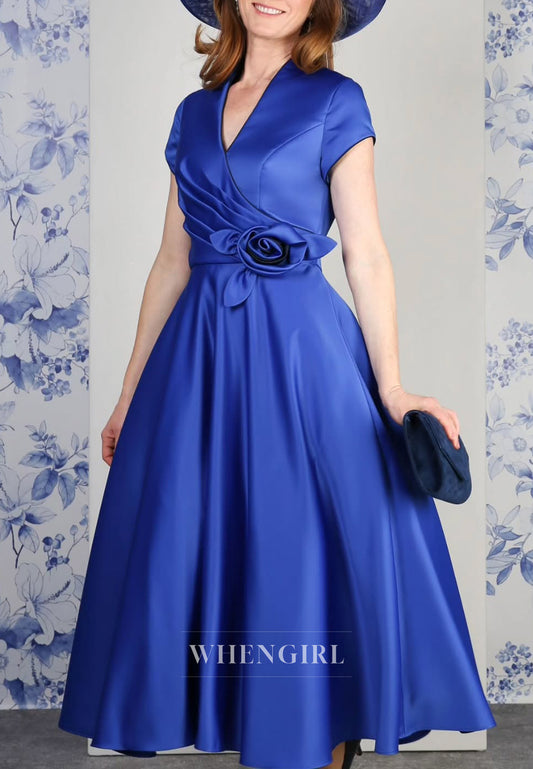 A-Line V Neck Short Sleeves 3D Flower Mother of the Bride Dress