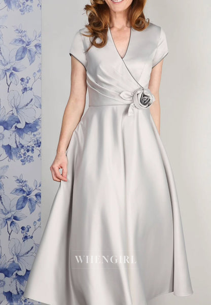 A-Line V Neck Short Sleeves 3D Flower Mother of the Bride Dress
