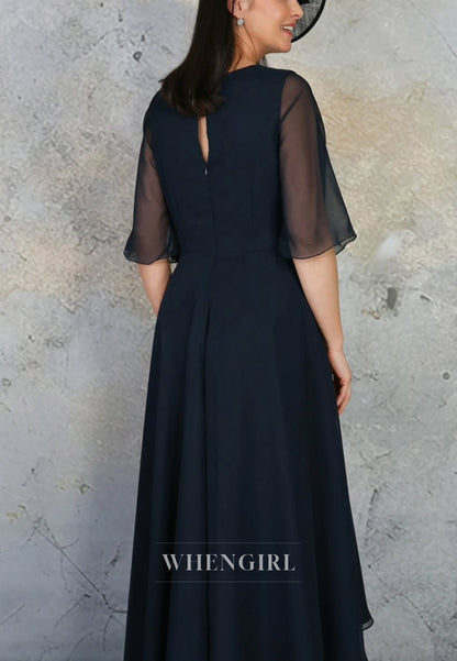 A-Line V Neck Half Sleeves Flower Chiffon Mother of the Bride Dress