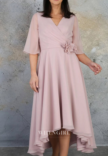 A-Line V Neck Half Sleeves Flower Chiffon Mother of the Bride Dress