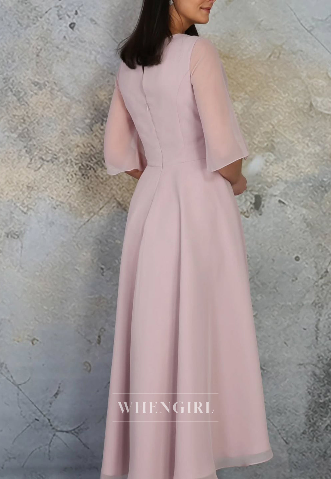 A-Line V Neck Half Sleeves Flower Chiffon Mother of the Bride Dress
