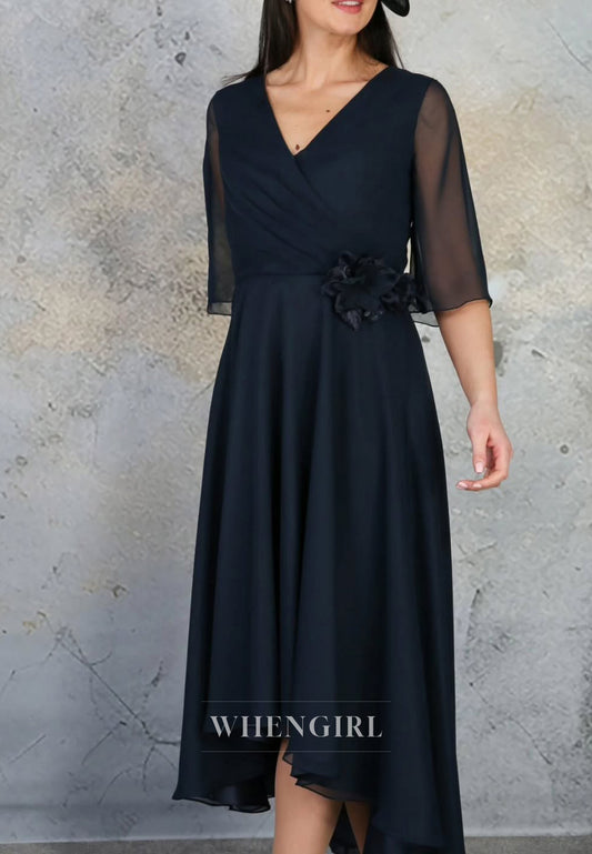 A-Line V Neck Half Sleeves Flower Chiffon Mother of the Bride Dress