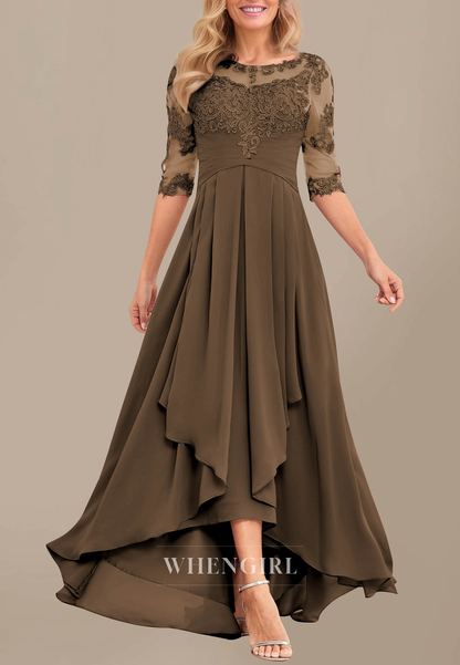 Green Bateau Neck Half Sleeves Appliqued High Low Ruffles Cut Out Back Mother of the Bride Dress