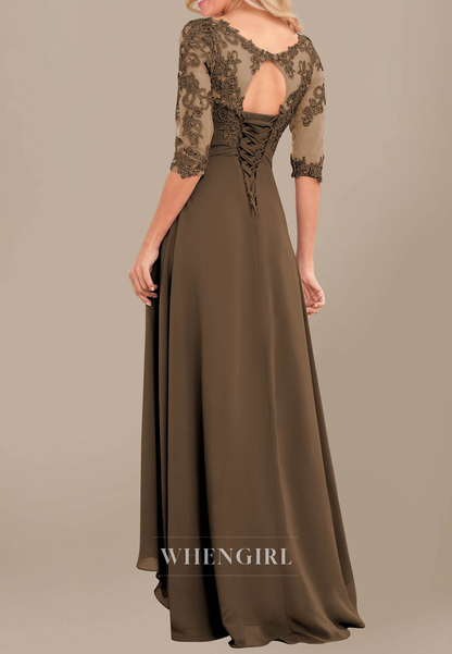 Green Bateau Neck Half Sleeves Appliqued High Low Ruffles Cut Out Back Mother of the Bride Dress