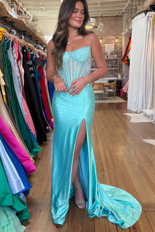 Stunning Mermaid Scoop Neck Aqua Hot Fix Satin Prom Dress with Slit