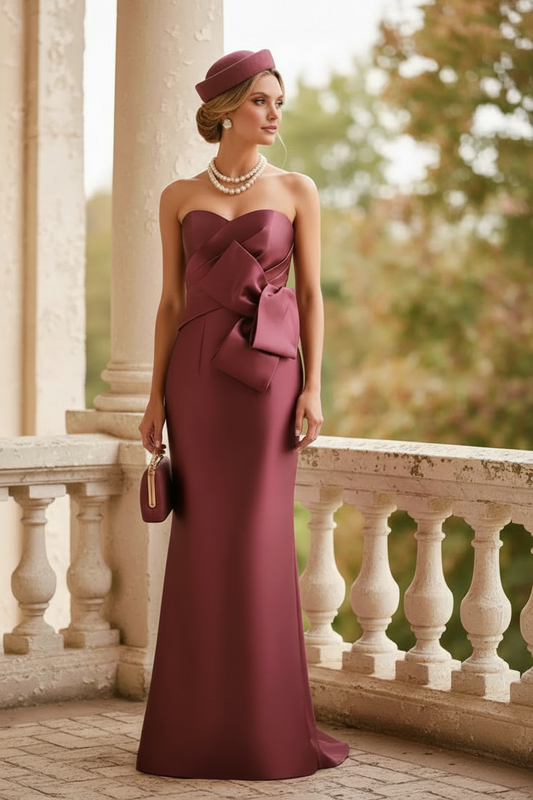 Burgundy Sweetheart Bowknot Satin Sheath Mother of the Bride Dress
