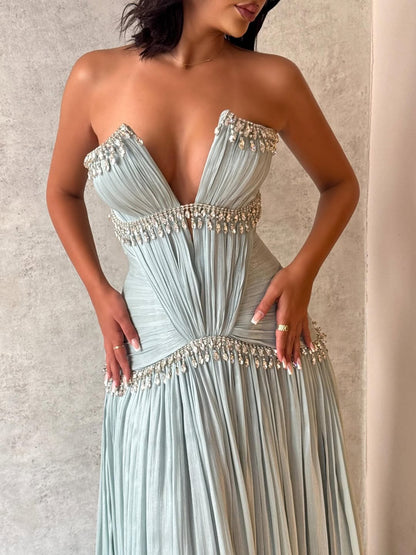 Floor Length Dreamy Light Blue V-Neck Pleated Rhinestone Prom Dress
