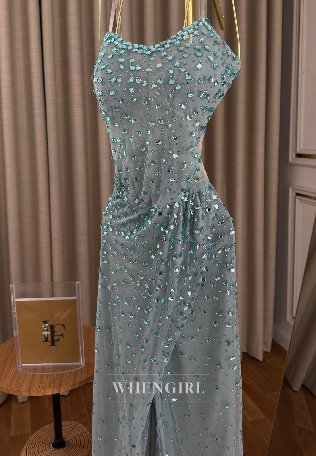 Sheath Full Beaded Strapless Sleeveless Pleated Side Slit Formal Prom Dress