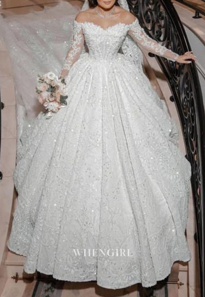 Luxury Off Shoulder Long Sleeves Beade Ball Gown Wedding Dress with Cathedral Train