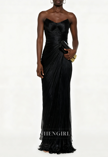 Scoop Neck Sleevelss Strapless Pleated Long Formal Evening Dress