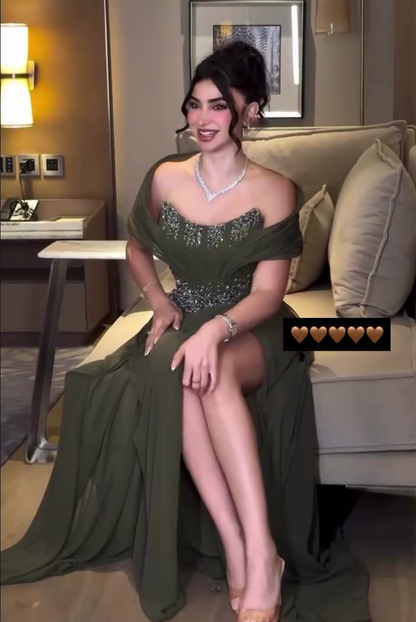 Green Off Shoulder Beaded Ruched Sheath Formal Evening Gown